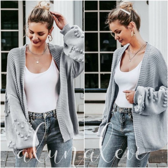Sweaters - !!! SALE  -- GREY POM BALLOON SLEEVE KNIT SWEATER